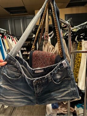 Denim Shoulder Bag with Tweed Insert - Blue